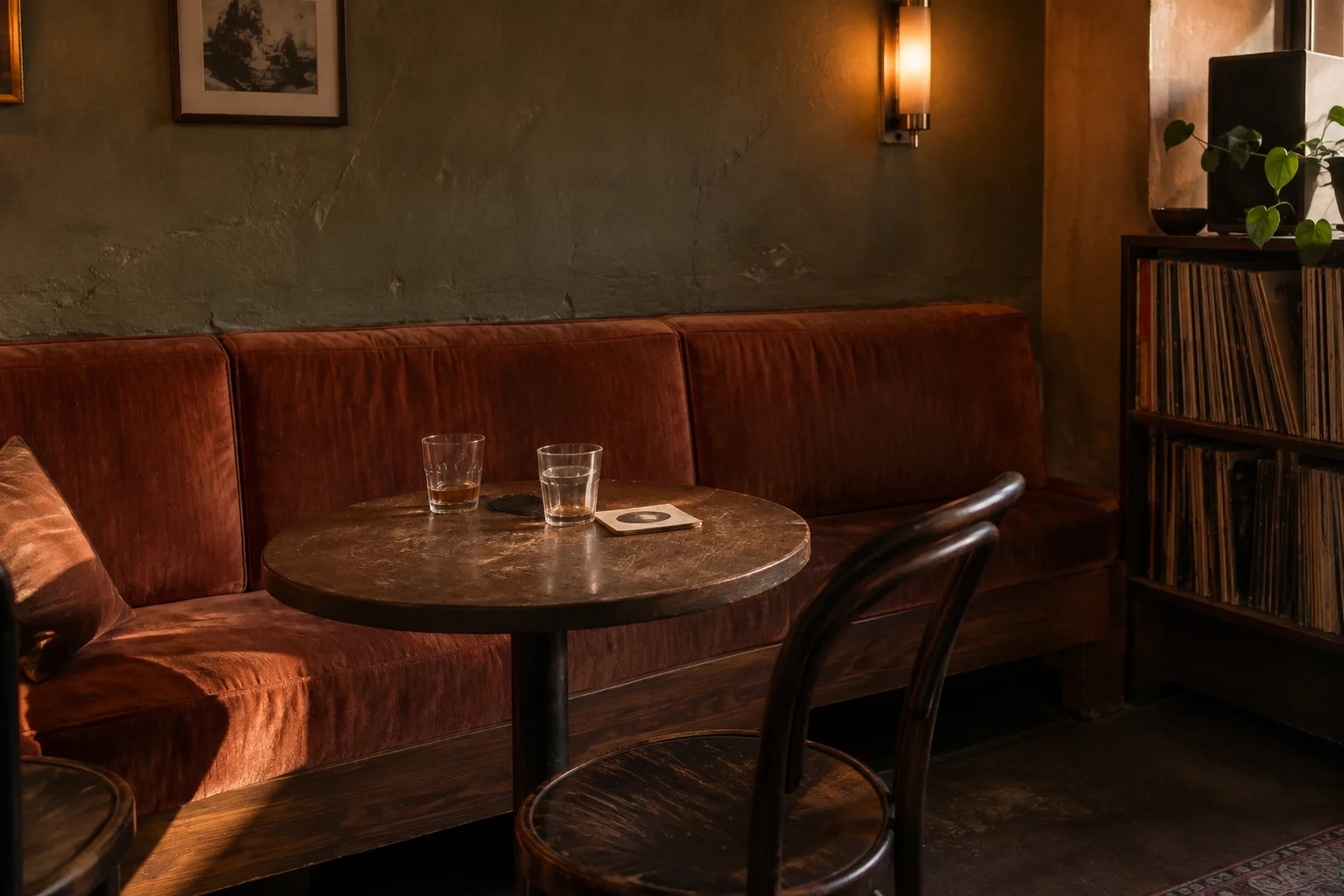 Afternoon light falling across a rust-coloured banquette and a small wooden table